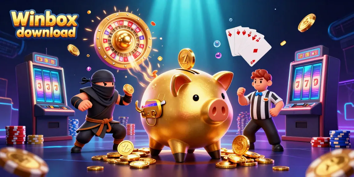 Winbox download showcasing an epic gaming battle with coins, cards, and vibrant effects