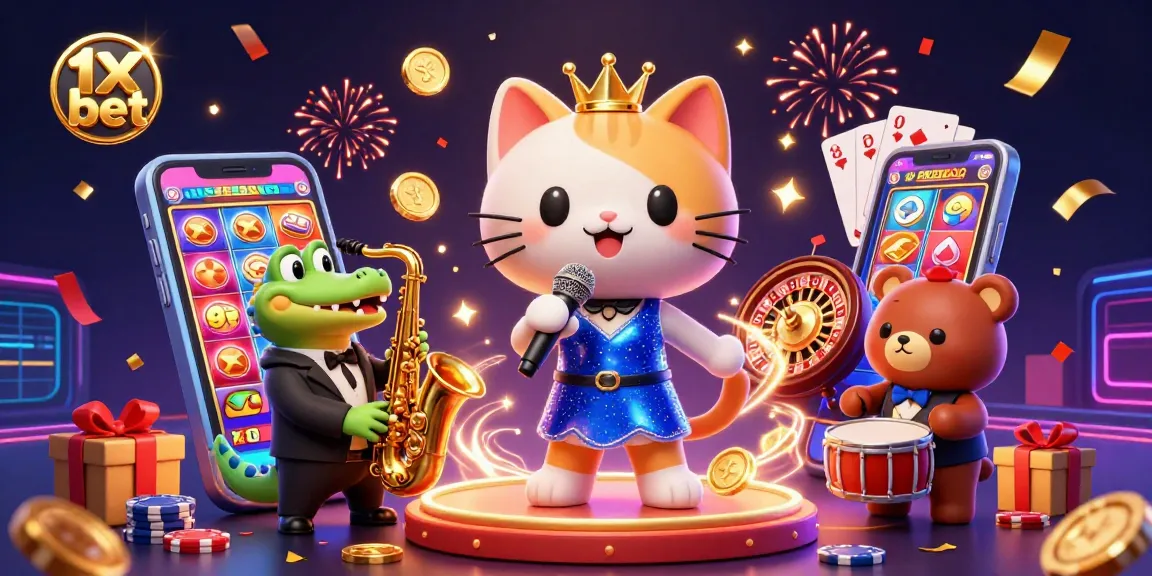 Engage with 1x bet in a vibrant casino scene featuring playful characters amidst casino games and excitement.