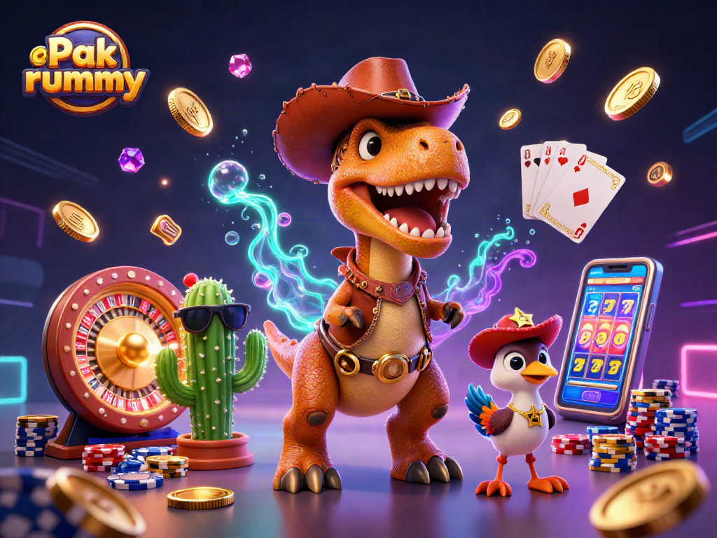 Experience Pak rummy excitement with a 3D illustration of a cowboy dinosaur and vibrant casino elements.