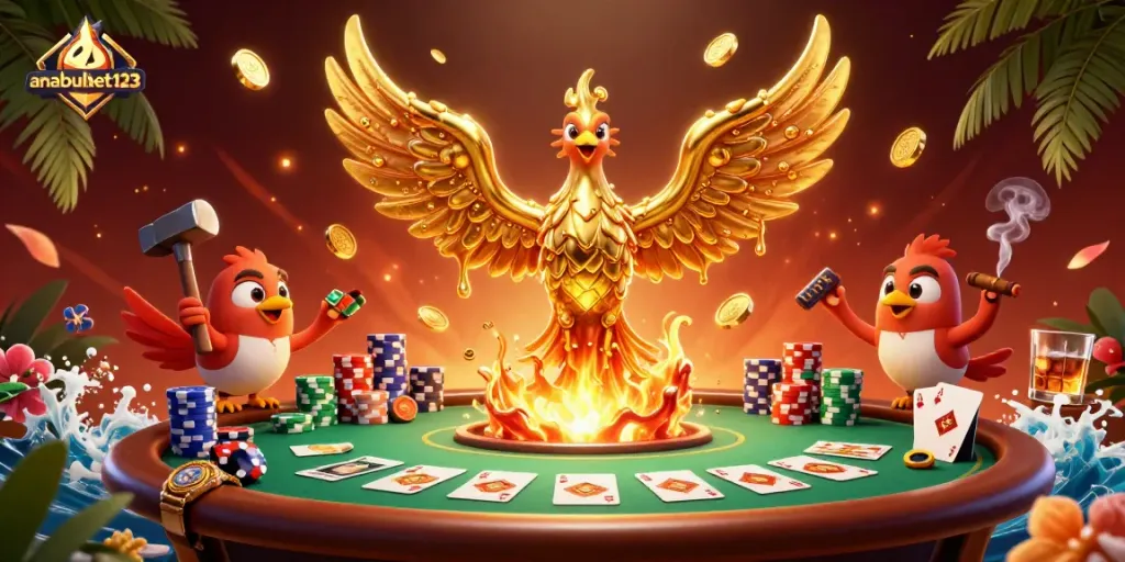Memenangkan permainan di anabulbet123 dengan ilustrasi ayam phoenix emas yang diolah dari logam cair dan tumpukan chip poker berwarna-warni.