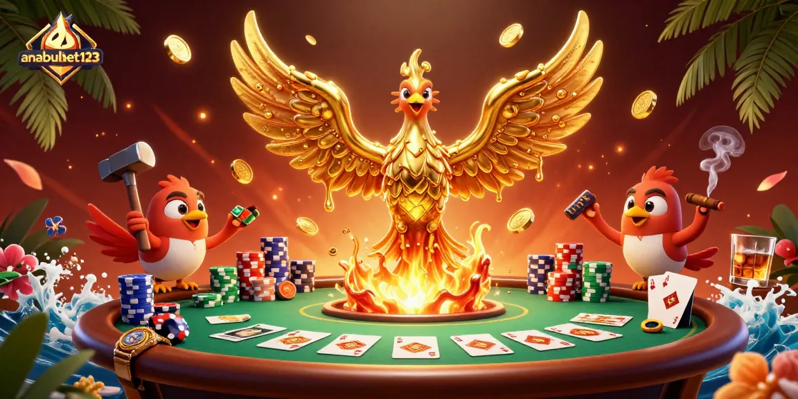 Memenangkan permainan di anabulbet123 dengan ilustrasi ayam phoenix emas yang diolah dari logam cair dan tumpukan chip poker berwarna-warni.