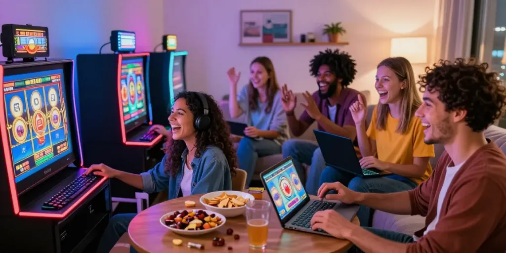 Excited friends playing slot games together in a lively home environment.