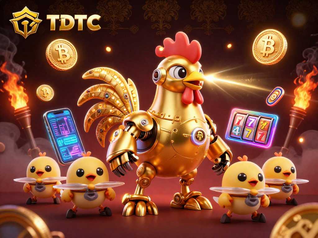 Engage in TDTC gaming excitement with a vibrant 3D illustration of a golden rooster robot and crypto elements.