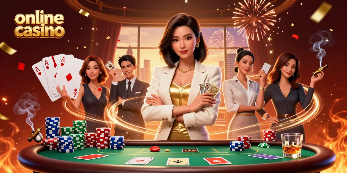 Experience thrilling online casino games with a glamorous character holding cards amidst vibrant celebrating elements.