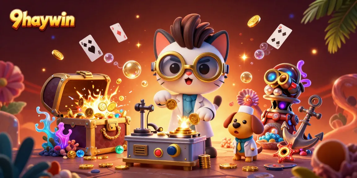 Experience thrilling gaming with 9haywin's vibrant casino-themed 3D illustration, featuring interactive fun.