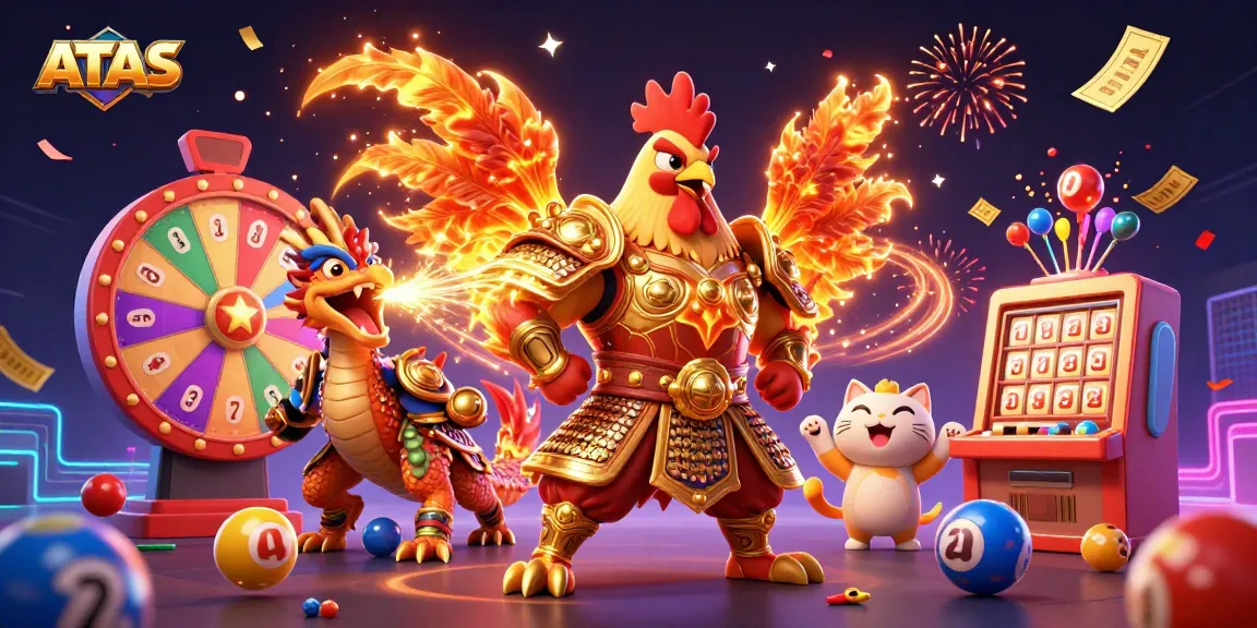 ATAS casino illustration featuring a unique combination of a rooster warrior, dragon hatchling, and vibrant lottery elements.