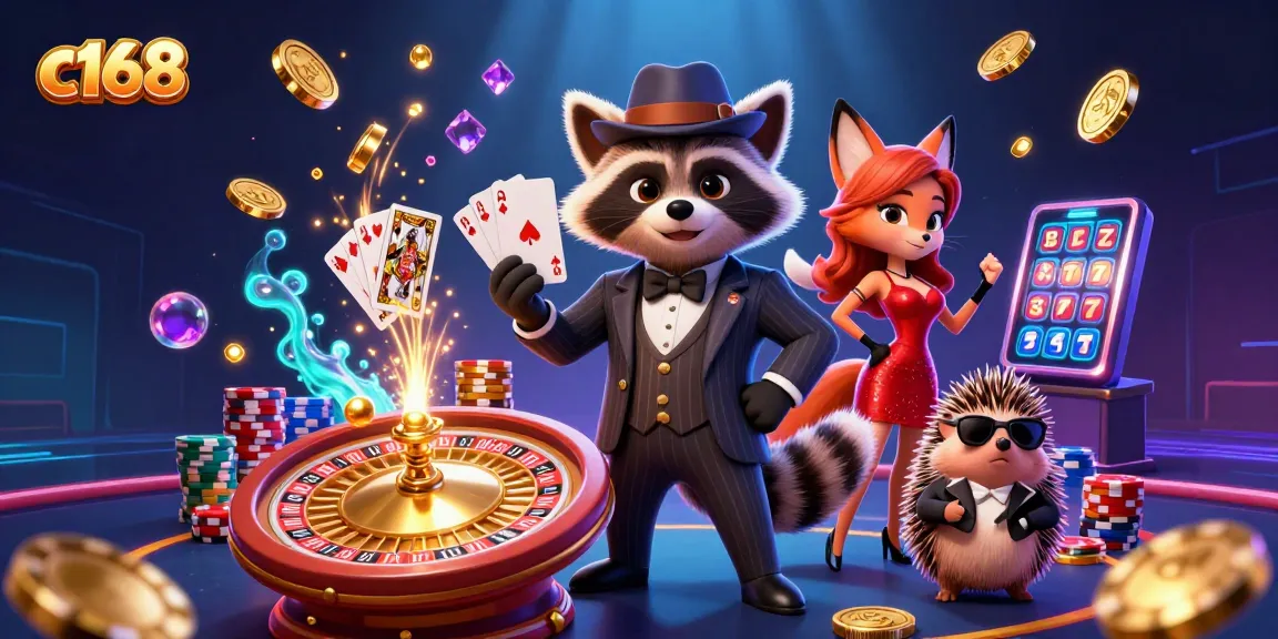 Engage in thrilling gameplay at c168 with raccoon, fox, and hedgehog capturing casino excitement!