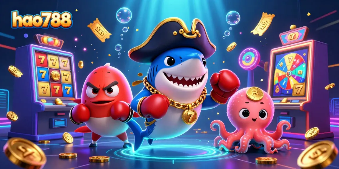 Memenangkan permainan slot di hao788 dengan ilustrasi 3D yang menampilkan hiu bajak laut, ikan puff marah, dan baby cumi menjemput koin emas.