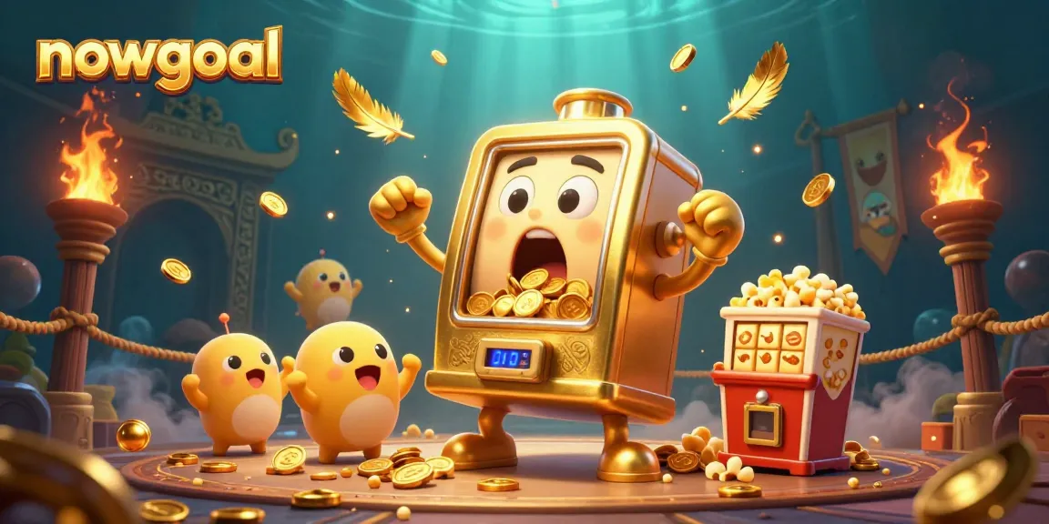Nowgoal live betting slot machine hitting a jackpot with coins pouring, surrounded by cheering baby slots.