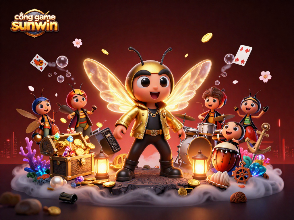 Experience the vibrant world of cổng game sunwin with a cartoon rock star and colorful casino elements.