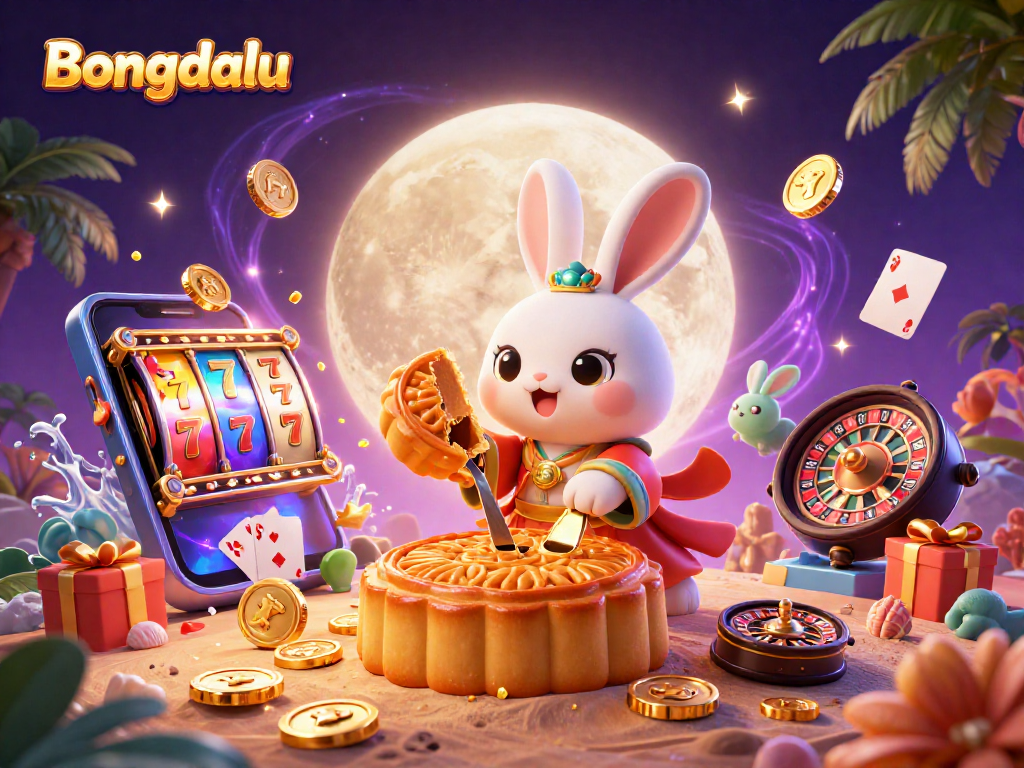 Bongdalu showcases a vibrant 3D scene with a moon rabbit and slot game elements, blending folklore with gambling excitement.