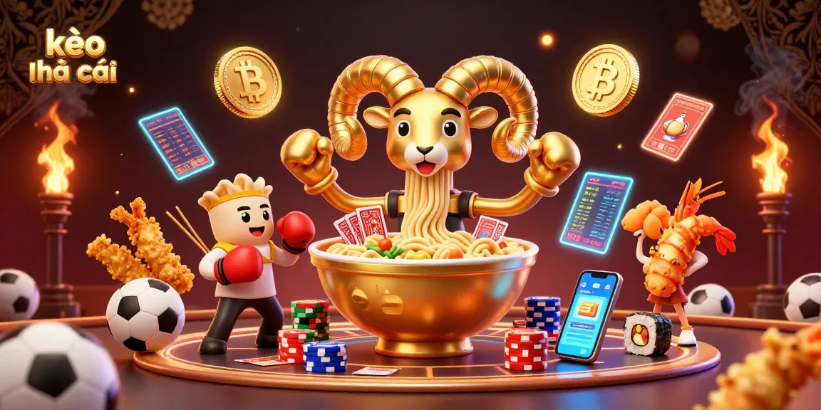 Bet on kèo nhà cái through an exciting scene featuring a giant ramen bowl dealer and dynamic sports betting elements.