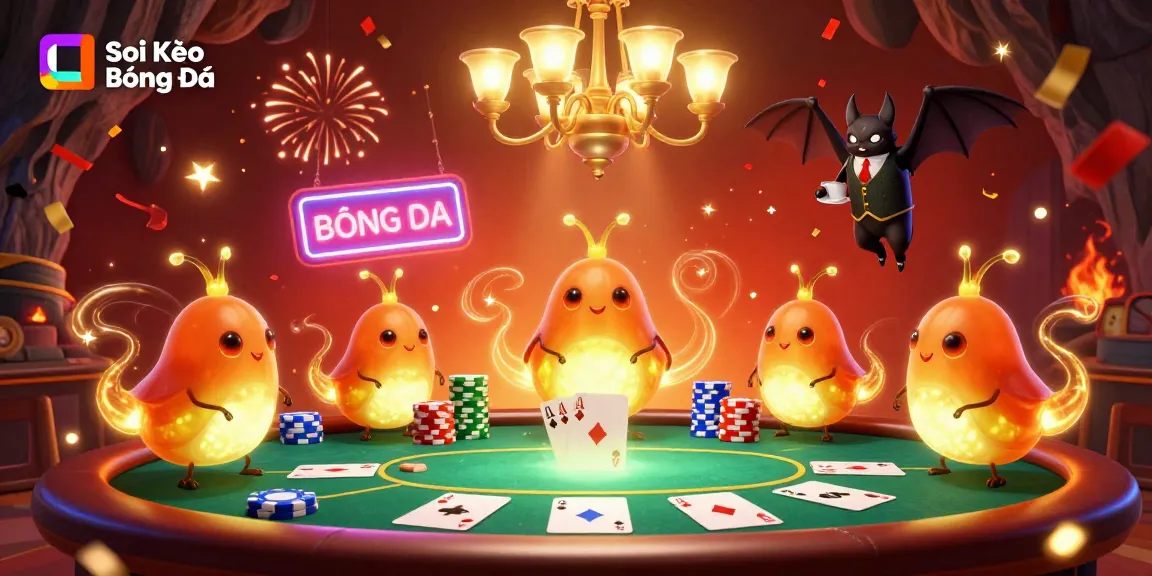 Soi Kèo Bóng Đá shines through a vibrant cave casino with animated glowworms and poker excitement.