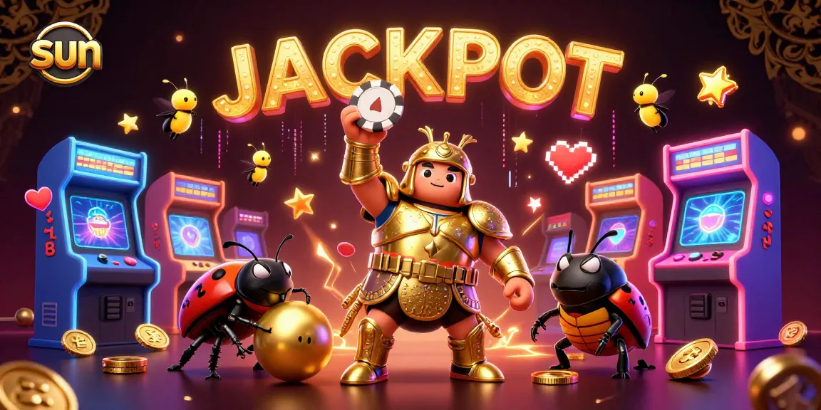 Engage with the sun-themed casino adventure as a heroic beetle triumphantly lifts a poker chip amidst colorful gaming elements.