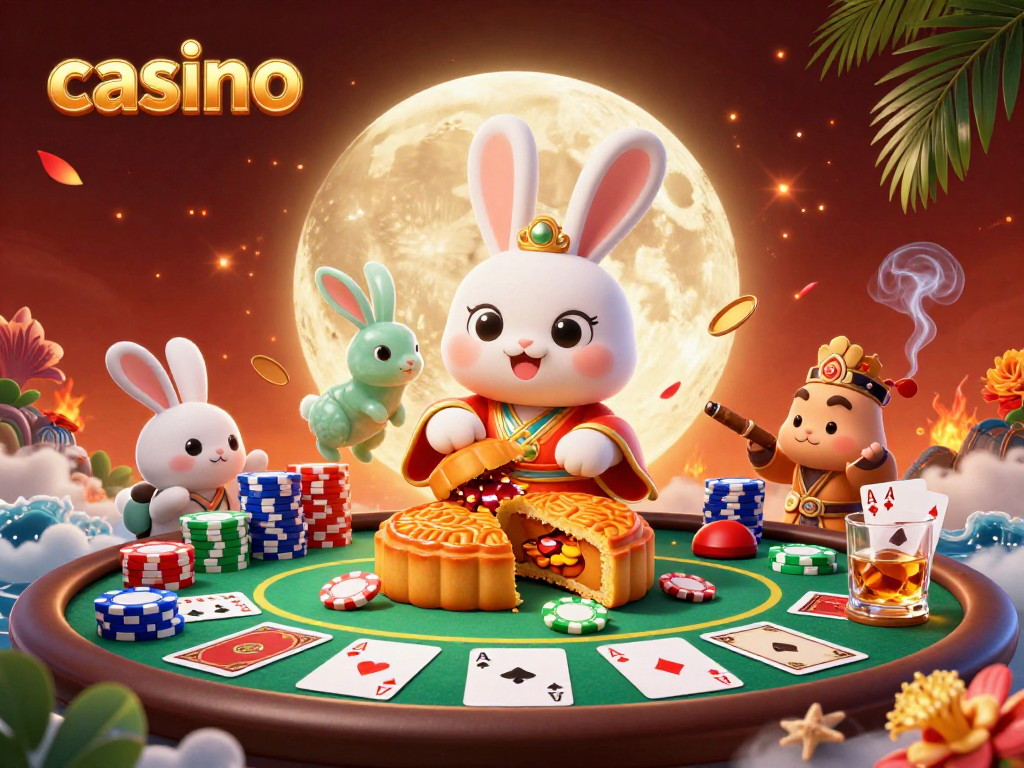 Enjoy a vibrant casino scene with a playful moon rabbit revealing poker chips.