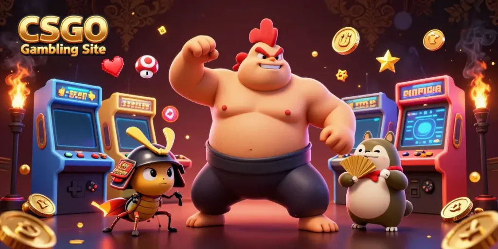 Dynamic 3D scene showcasing CSGO Gambling Site characters engaging in vibrant gameplay surrounded by colorful arcade machines.