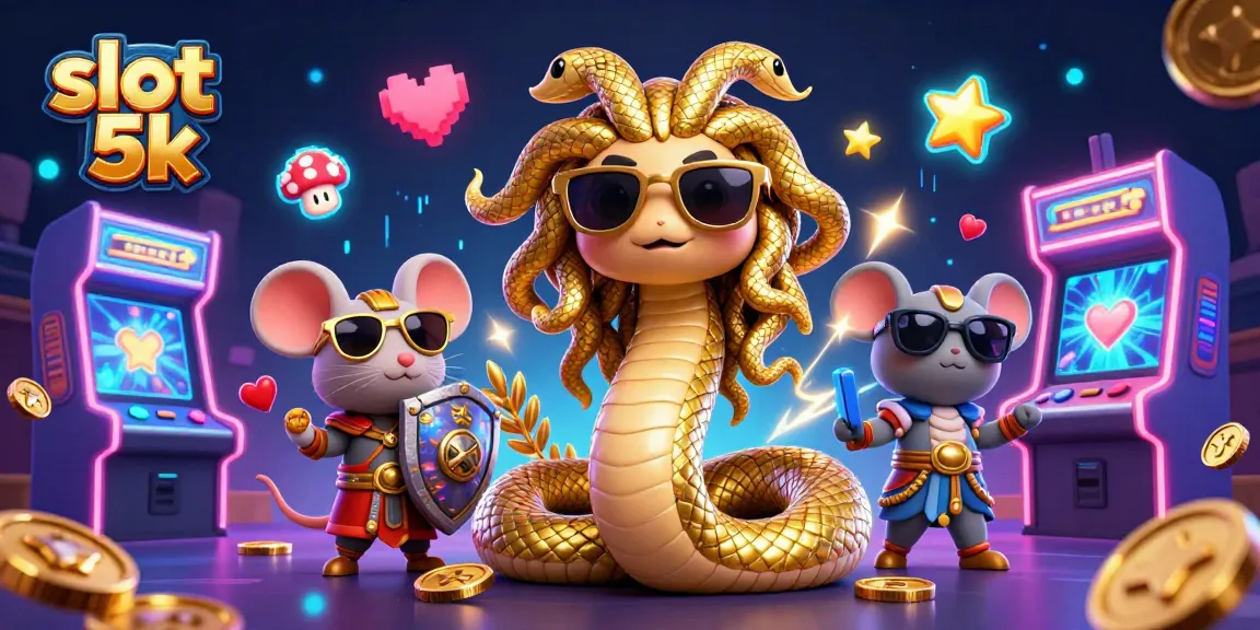 Slot 5k dengan Medusa dan mouse pejuang di latar kasino, aksi permainan menarik.
