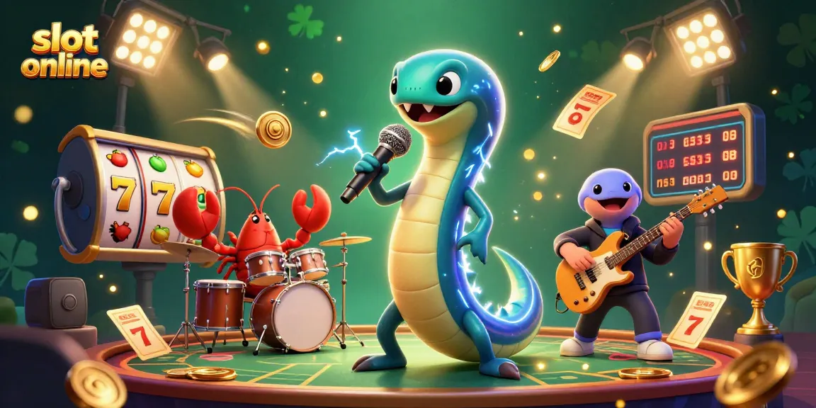 Experience vibrant slot online action with an electric eel DJ, lively lobsters, and seahorses in a dynamic gaming scene.