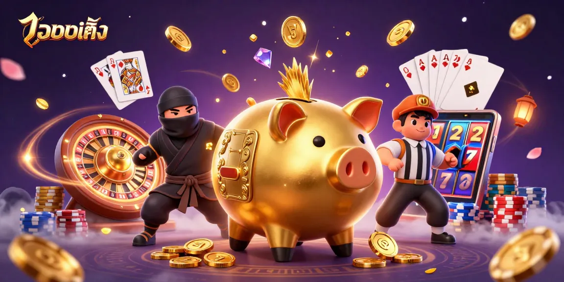 Experience the thrill of แทงบอลเต็ง with a golden piggy bank sumo wrestler, wallet-ninja, and samurai referee in an exciting 3D casino scene.