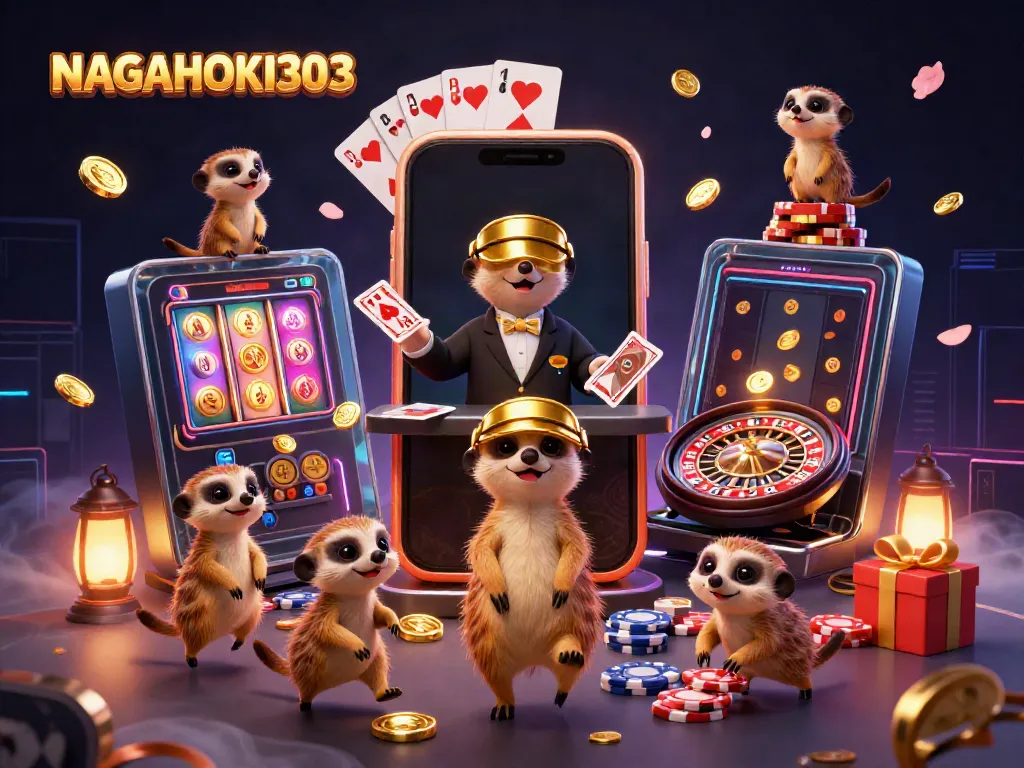 Meerkats melakukan operasi kasino di NAGAHOKI303, menampilkan suasana meriah dengan permainan slot dan chip.