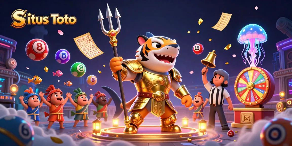 Situs Toto showcases a vibrant underwater scene with a golden gladiator shark, dynamic lottery elements, and a cheering audience.