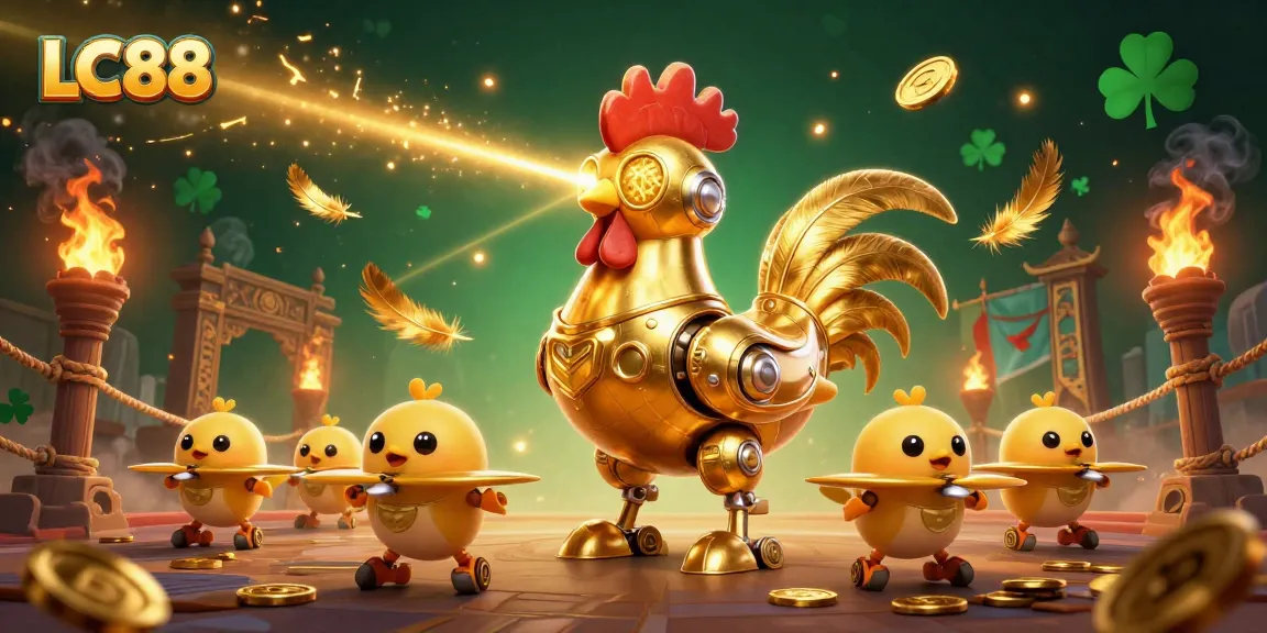 Engage with LC88's thrilling gaming experience featuring a golden rooster robot and a dynamic backdrop.