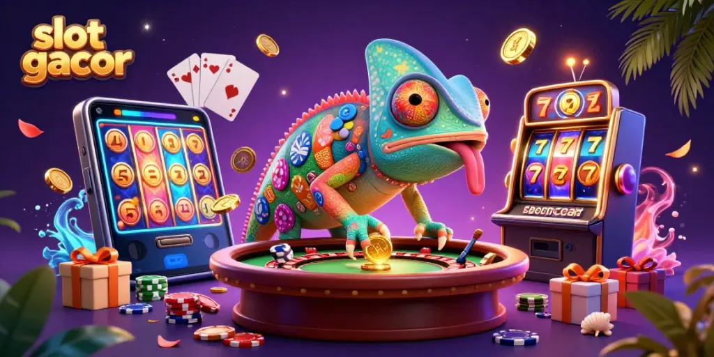 Experience the excitement of slot gacor gaming with dynamic 3D characters and colorful elements in a casino scene.