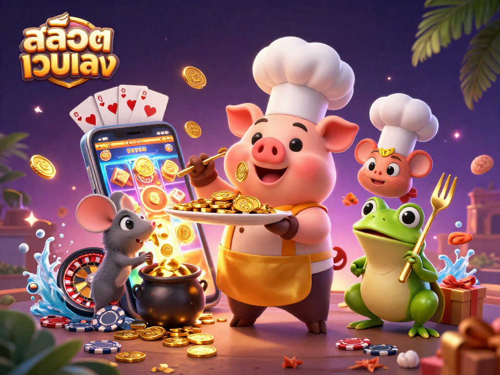 Spin winning slots at สล็อตเว็บตรง with a colorful casino scene featuring delightful characters and vibrant game elements.