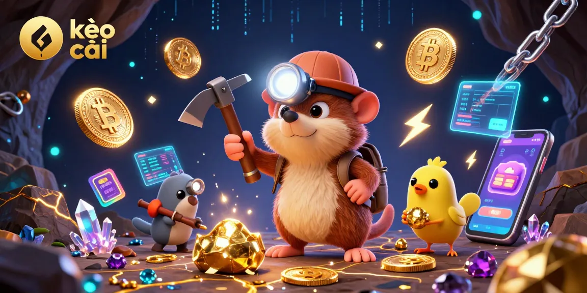 Mining for kèo nhà cái treasures with a mole and glowing gems in a vibrant 3D scene.