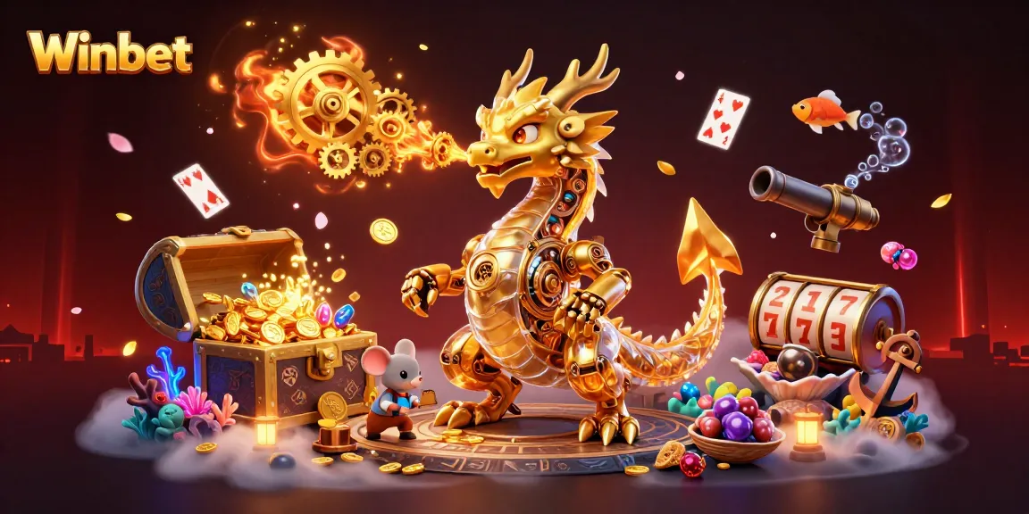 Winbet showcases an ultra-detailed 3D dragon scene, highlighting casino elements like slot reels and gold treasures.