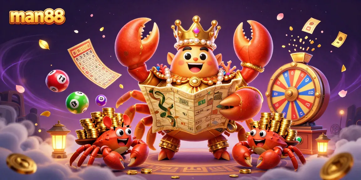 Experience man88's thrilling games with a grand golden crab emperor amidst lottery excitement.