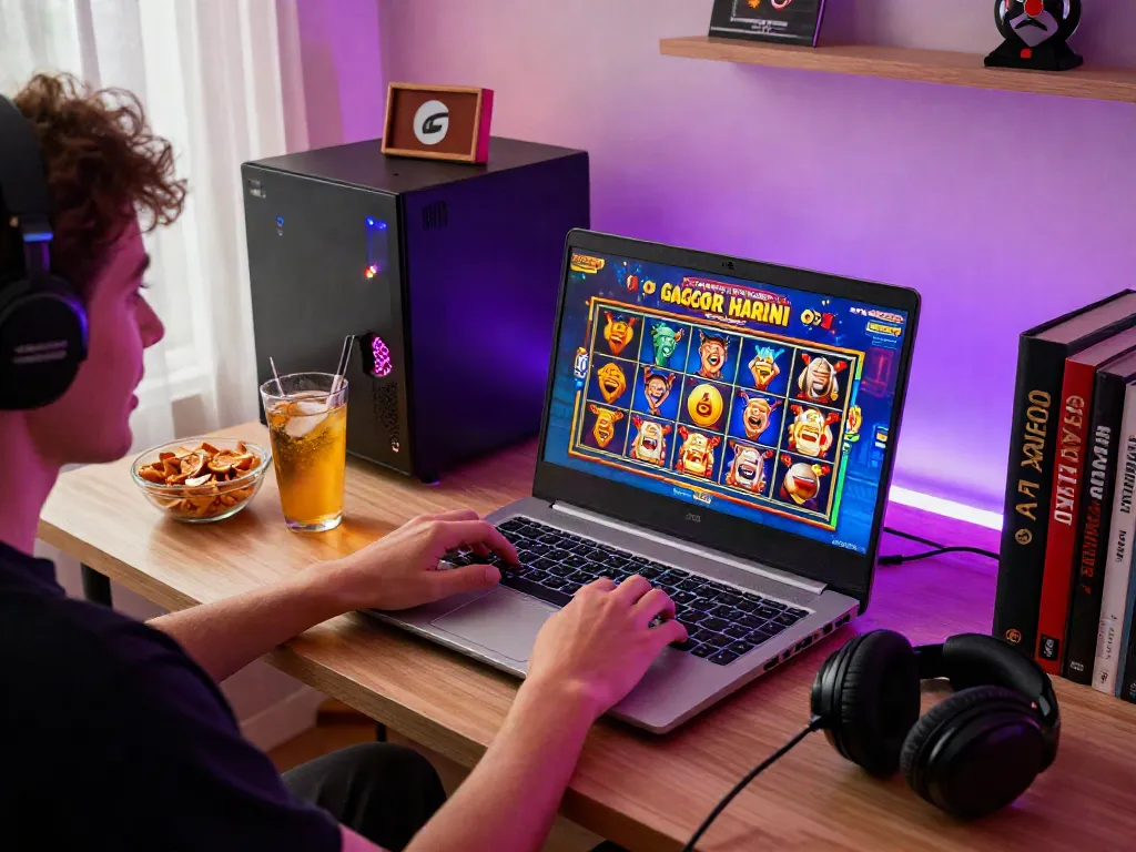Excited gamer enjoying slot gacor hari ini games in a vibrant home office setup.