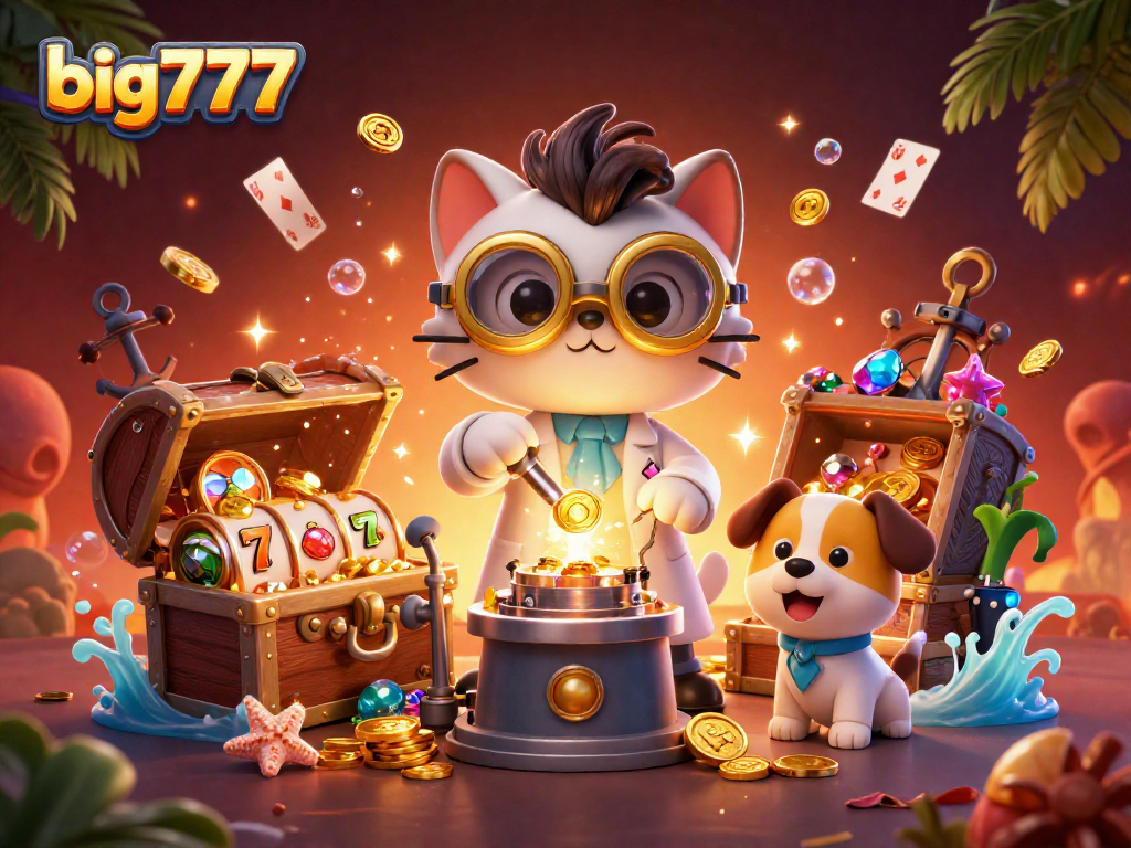 Experience big777’s thrilling online slots with vibrant characters and a treasure-filled casino scene