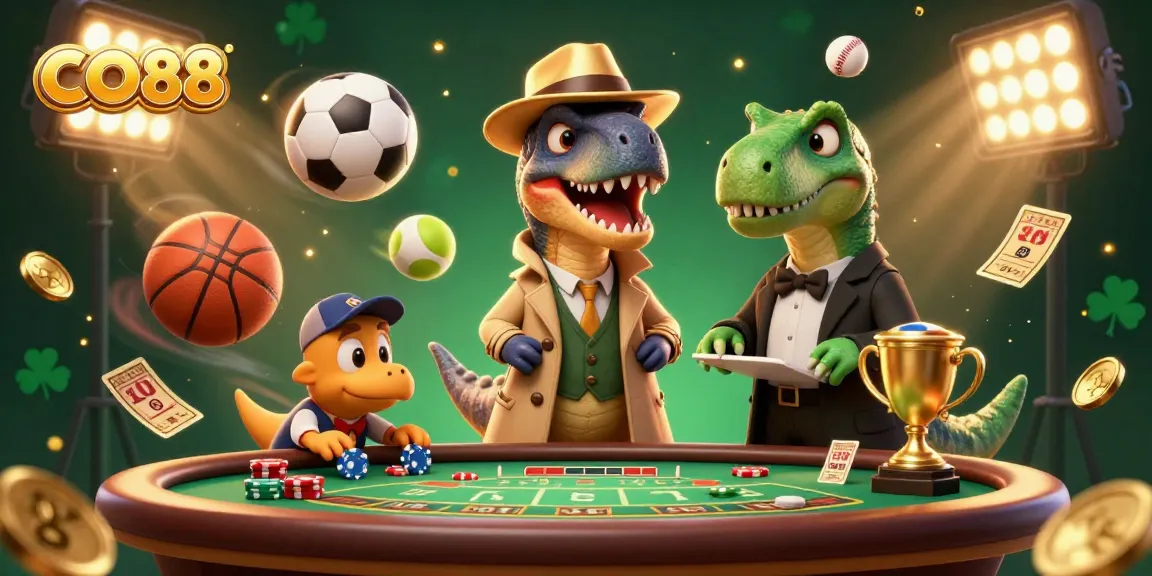 Experience thrilling moments at CO88 as cartoon dinosaurs play cards and basketball in a vibrant casino scene.
