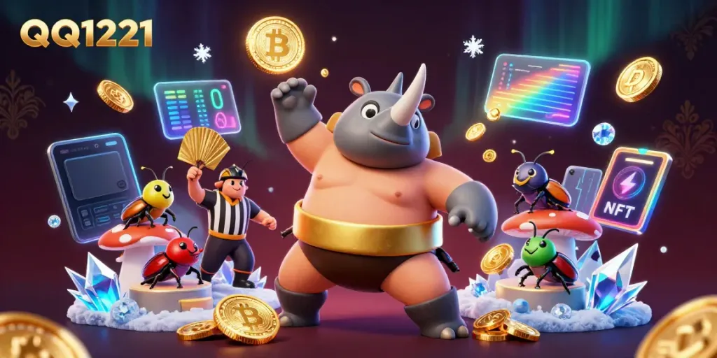Engage in the thrilling QQ1221 online casino experience with a dynamic scene of beetles and cryptocurrencies.