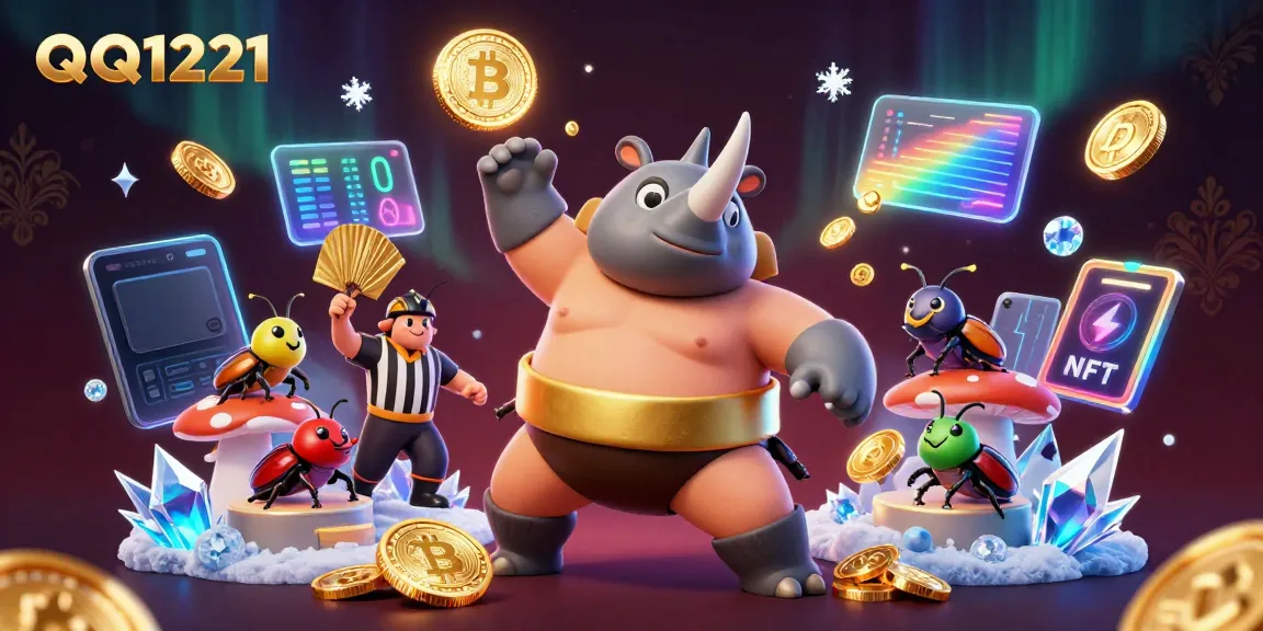 Engage in the thrilling QQ1221 online casino experience with a dynamic scene of beetles and cryptocurrencies.