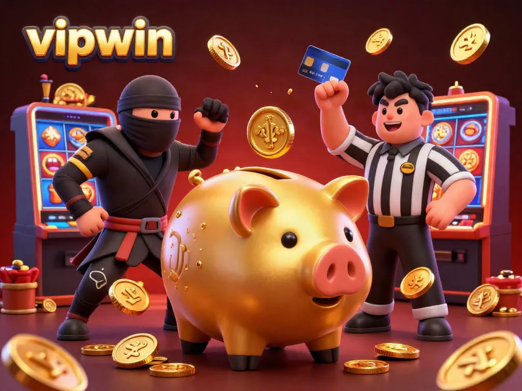 Experience the thrill of vipwin with a dynamic casino scene featuring a golden piggy bank sumo wrestler and vibrant slot elements.