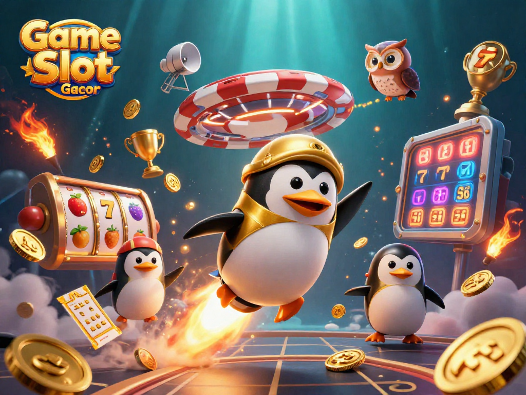 Experience thrilling Game Slot Gacor action with a golden penguin, poker chip space station, and lively slots.