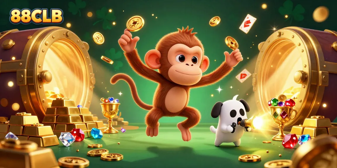 Experience the thrill of 88CLB in a vibrant casino chase with a mischievous monkey and a curious puppy.