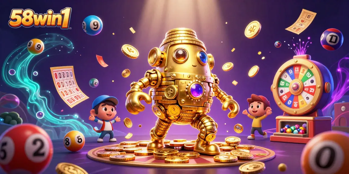 Engage with the dynamic world of 58win1, showcasing vibrant lottery elements in a rich casino scene.