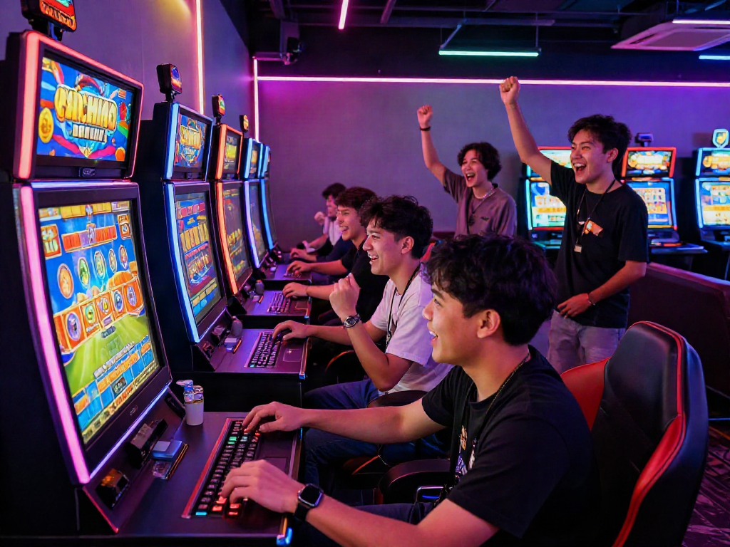 Gamers enjoying vibrant slot gacor machines in a lively gaming lounge