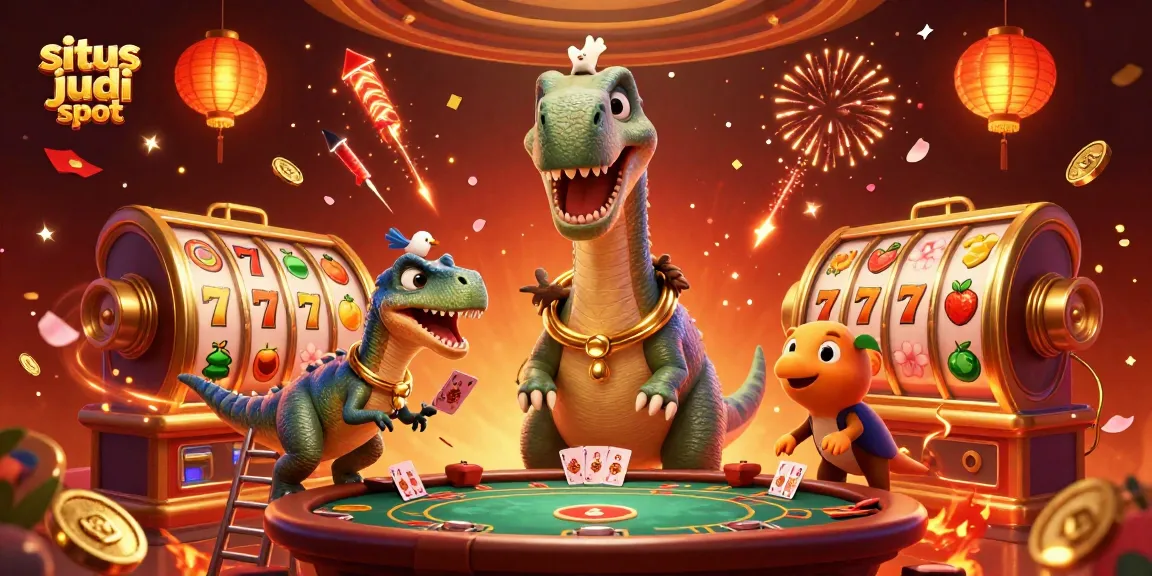 situs judi slot menghadirkan ilustrasi 3D dengan dinosaur dan elemen kasino menarik