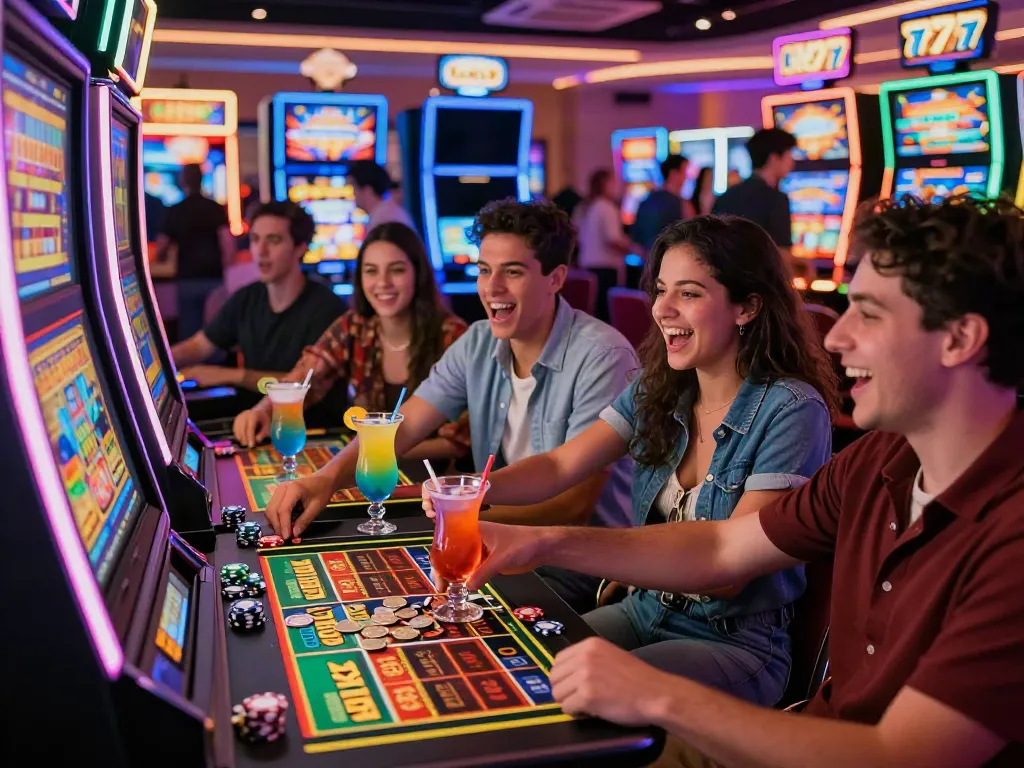 Exciting Lucky777 casino gaming scene with friends celebrating a jackpot win amid neon lights and vibrant atmosphere.