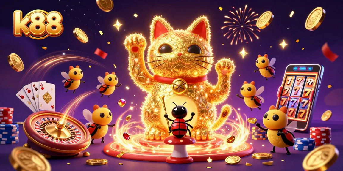 Engage with k88's vibrant casino scene, featuring a lucky cat and dazzling visuals.