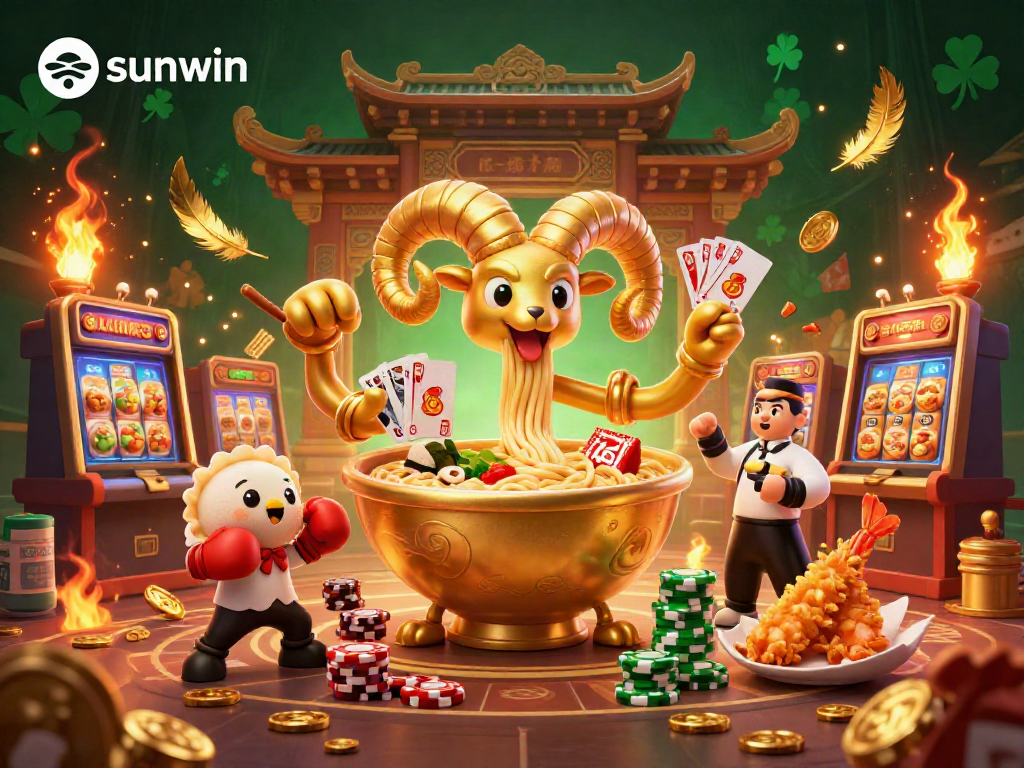 Experience high-energy action at sunwin with a fantastical scene featuring a giant ramen bowl character and casino elements.