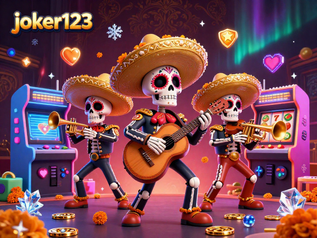 Mainkan joker123 dengan band mariachi kerangka di kasino, dipenuhi warna dan simbol keberuntungan.