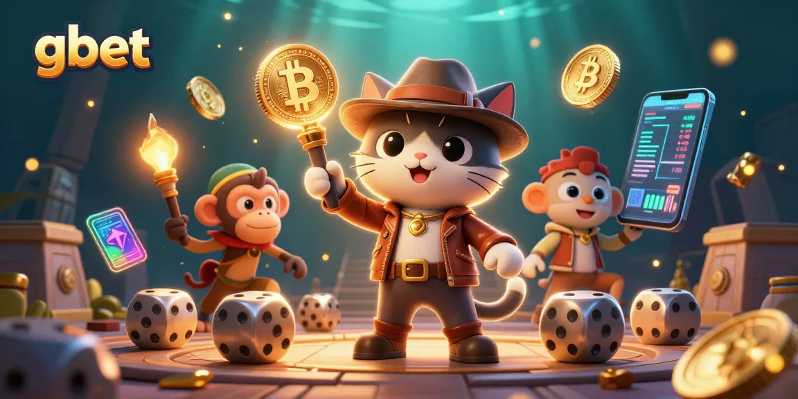 Experience thrilling gaming adventures at gbet with a vibrant illustration of an explorer cat discovering a hidden casino artifact.