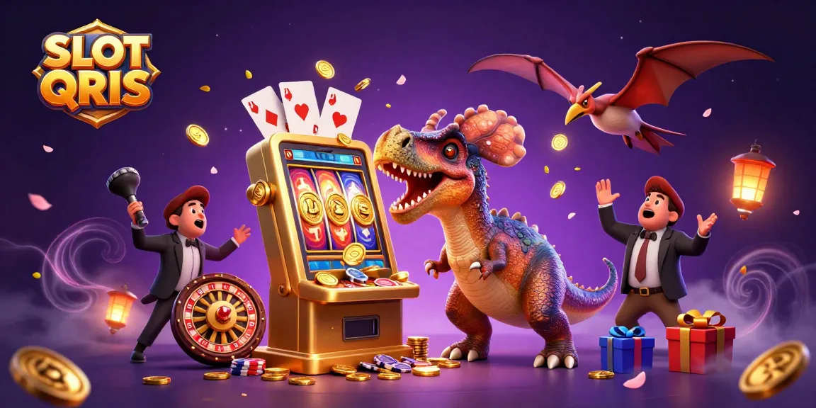 SLOT QRIS game scene with a dinosaur hitting a slot machine, collecting coins and bonuses.