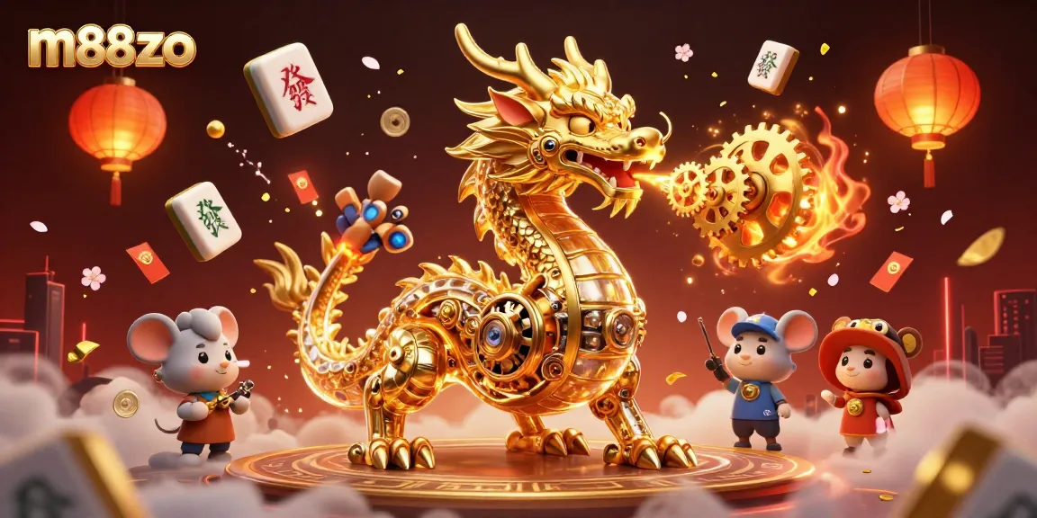 Engage with thrilling m88zo gaming as a golden dragon breathes gears amidst vibrant casino elements.