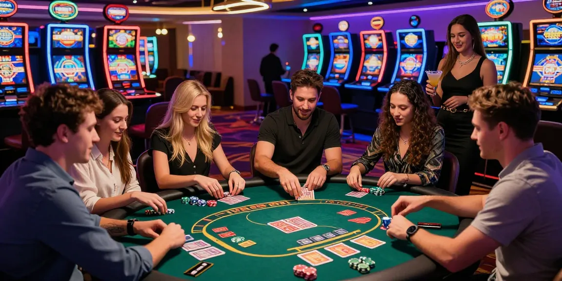 Group enjoying card games at casinos that accept credit cards, vibrant atmosphere with neon lights and energy.
